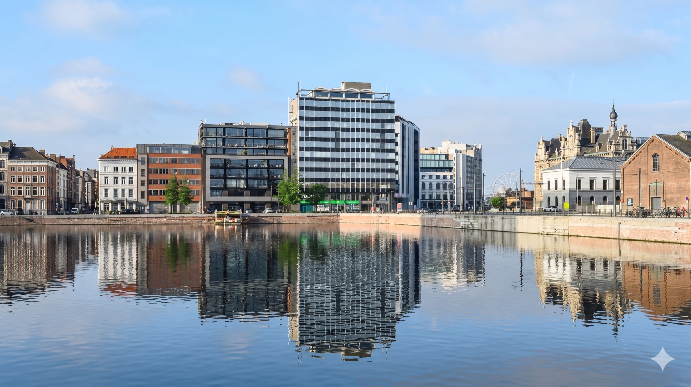 Les bureaux de Rollo au Bonapartedok à Anvers, reflétés dans l'eau